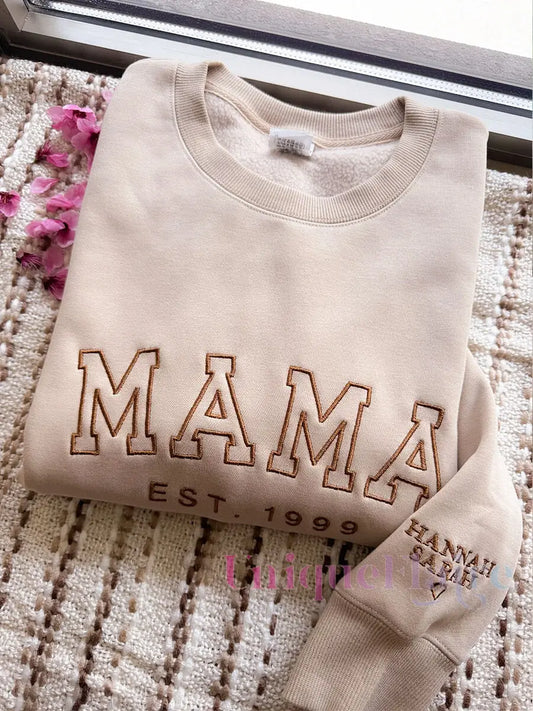 Custom Embroidered Mama Sweatshirt/Hoodie with Kids Names on Sleeve Mother's Day Gift