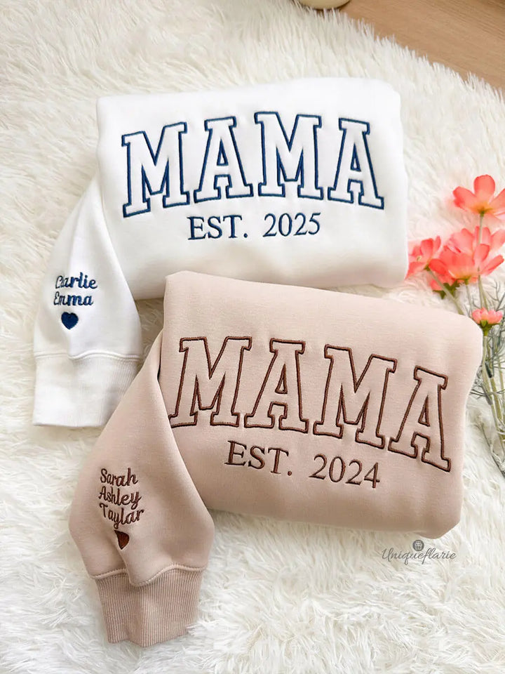 Custom Embroidered Mama Sweatshirt/Hoodie with Kids Names on Sleeve Mother's Day Gift