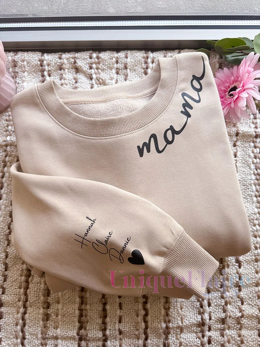 Custom Collar Mama T-shirt/Sweatshirt/Hoodie with Kids Names on Sleeve Mother's Day Gift