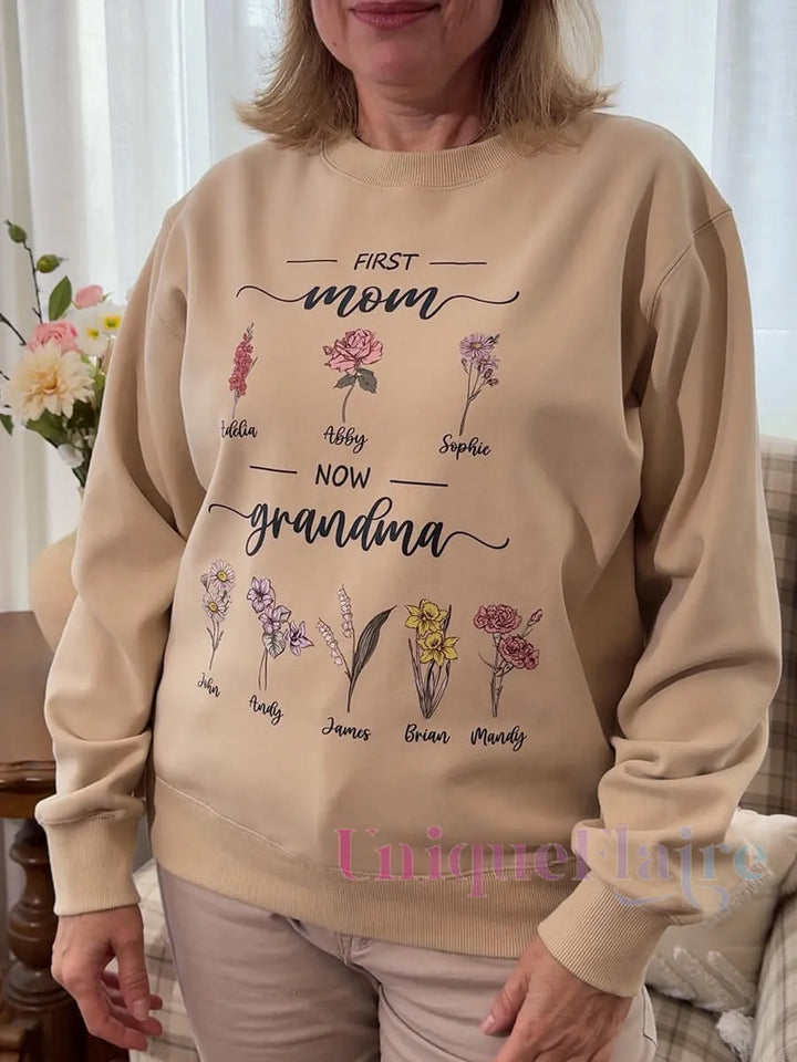 Flor de nacimiento personalizada Primera mamá ahora abuela sudadera/sudadera con capucha/camiseta