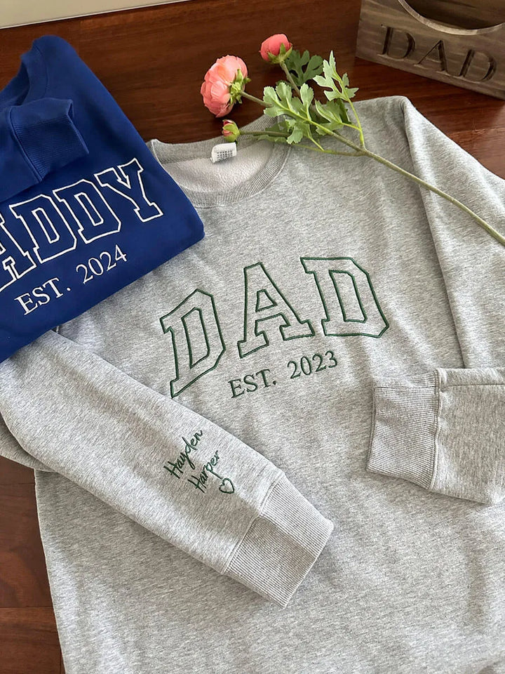 Custom Embroidered Dad T-shirt/Sweatshirt/Hoodie with Kids Names on Sleeve Father's Day Gift